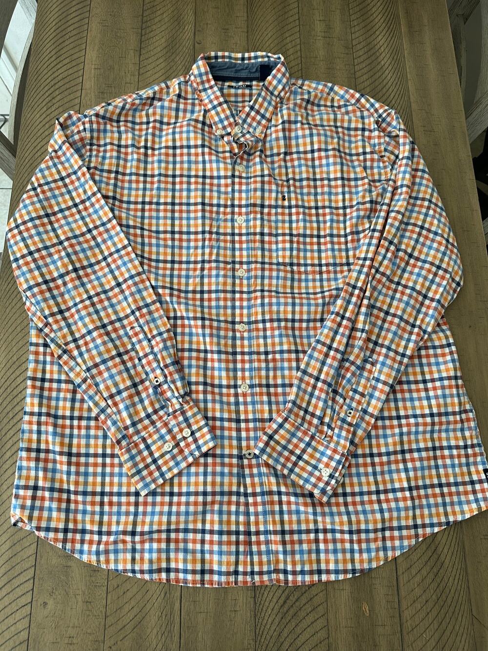 IZOD Mens 2X Long Plaid Button Down Shirt Orange Blue Long Sleeve Casual Check